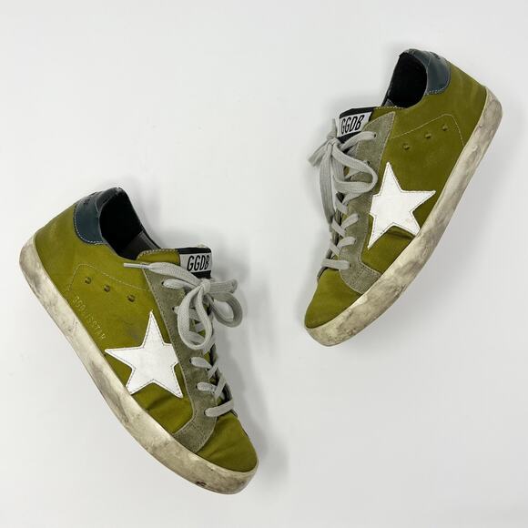 Golden Goose Olive Green Satin Yellow Star GGDB Superstar Deluxe Sneakers EU 35 - Picture 1 of 12